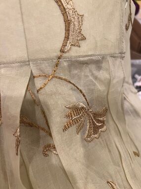 Custom Inverted box pleat Embroidered Ivory Drapery with Gold Floral Detail